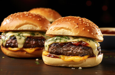 Delicious cheeseburgers on a dark background. The burgers are on sesame seed buns and have a beef patty, melted cheese, and a creamy sauce