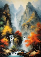 Mountains with waterfall Chinese traditional painting