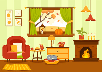 Autumn Cozy Home Decor Vector Illustration with Living Room Interior Furniture Background Elements in Flat Cartoon Hand Drawn Templates