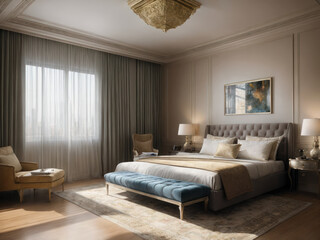 Fototapeta na wymiar Interior sci-fi design of modern bedroom overlooking background space with stars night light
