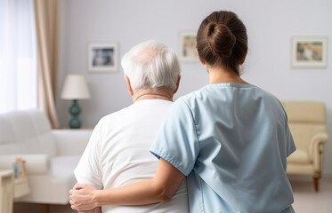Obraz premium Back view of a nurse with aged man at home