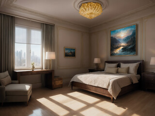 Interior sci-fi design of modern bedroom overlooking background space with stars night light