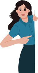 Vector illustration pretty woman greeting from behind a wall her hand pointed at something