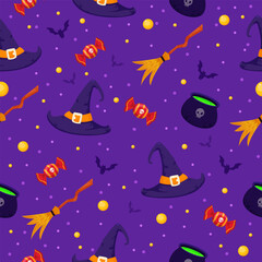 Fototapeta premium Halloween seamless pattern. Vector background with witch hat broom candy bat. wallpaper illustration. Scary holiday horror.halloween pattern print