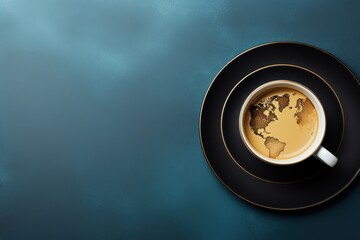 background for designer for international coffee day. azure cup with saucer, on dark table with golden foam in the form of world map. top view.