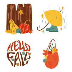 Vector set of autumn icons: wooden fence, pumpkins, rubber boots. Scrapbook collection of fall season elements. Bright background for harvest time. Autumn greeting card