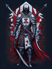 Illustration of a knight with dual swords and a cross emblem on his chest created with Generative AI technology