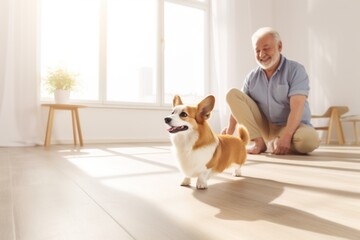 An elderly retiree, in his new home, on a clear fall afternoon with his pet. Concept International Day of the Elderly