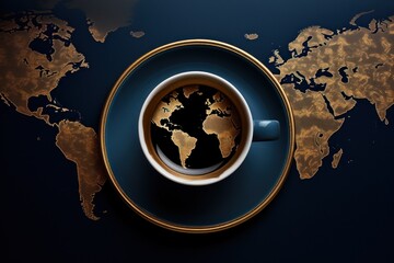 background for designer for international coffee day. azure cup with saucer, on dark table with golden foam in the form of world map. top view.
