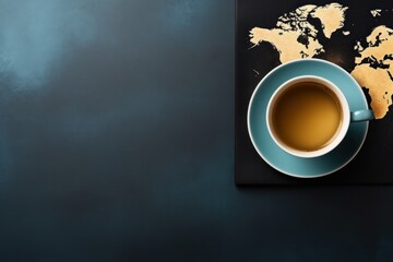 background for designer for international coffee day. azure cup with saucer, on a table with an image in the form of a world map. top view.