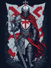 Illustration of a knight with dual swords and a cross emblem on his chest created with Generative AI technology