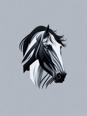 Illustration of a black and white horse head on a gray background created with Generative AI technology