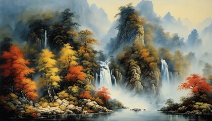 Mountains with waterfall Chinese traditional painting