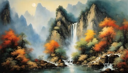 Mountains with waterfall Chinese traditional painting
