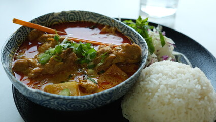 Vietnamese chicken curry in a bowl with rice.