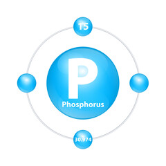 Phosphorus (P) Icon structure chemical element round shape circle light blue with surround ring. Period number shows of energy levels of electron. Study science for education. 3D Illustration vector.