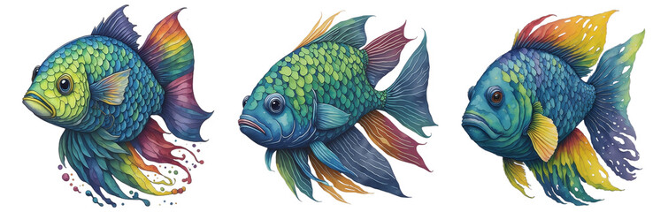 Watercolor Exotic Colorful Fish Collection On A Transparent Or White Background.