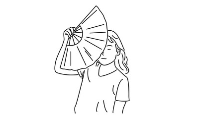 line art of girl holding hand fan