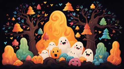 Halloween background with cute pumpkins,Halloween background with Evil Pumpkin. Spooky scary dark Night forrest. Holiday event halloween banner background concept