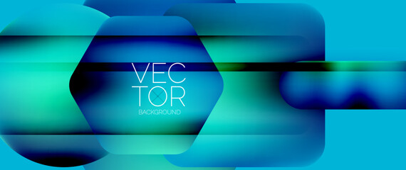 Dynamic bright colorful geometric elements with fluid gradients, lights, shadows blend in a minimal backdrop, creating captivating composition