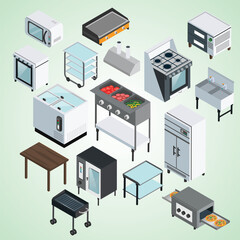 kitchen equipment isometric icons set illustration design interior 3d vector furniture	
