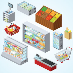 supermarket shelves showcases freezer cashier counter customer shopping basket
