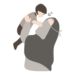 Mother with hijab hug her son. Muslim family portrait vector flat illustration
