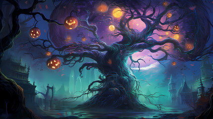 Fototapeta premium a spectral tree intertwined with vines of glowing pumpkins