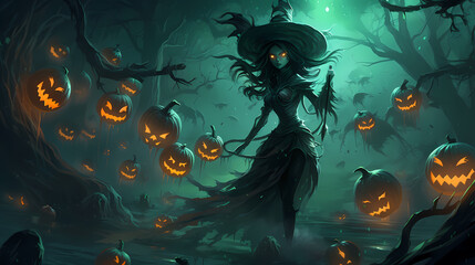 Halloween background with pumpkins and a witch conducting a moonlit ritual beneath a tree