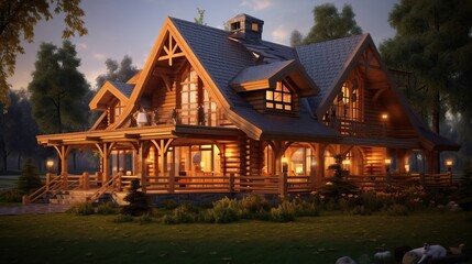 3d rendering of a beautiful wooden house in the forest with trees