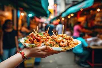 Close up on street food selfie image on defocused asian country street background. Travelling photo.