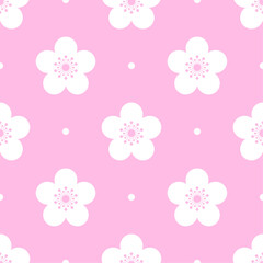 White cherry flowers and dots on pink background seamless pattern. Best for textile, wallpapers, home decoration, wrapping paper, package and yuor design.