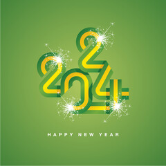 2024 New Year continuous ribbon in the shape of 2024. Abstract white green yellow flag of Brazil in the shape of 2024 logo with sparkle firework