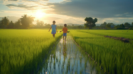 Thai farmers fertilize rice fields in the morning