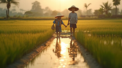 Thai farmers fertilize rice fields in the morning