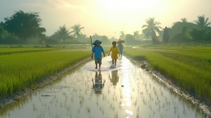 Thai farmers fertilize rice fields in the morning