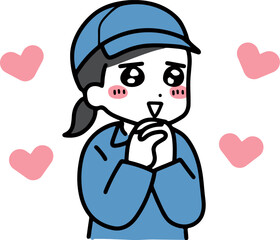 ドキドキしている作業服の若い女性(上半身)
