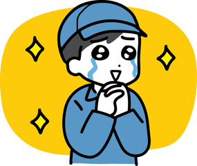 泣いて喜んでいる作業服の若い男性(上半身)	