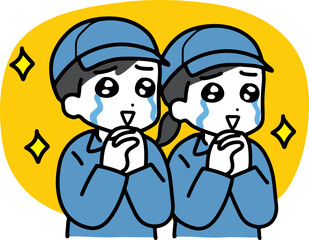泣いて喜んでいる作業服の若い男女(上半身)
