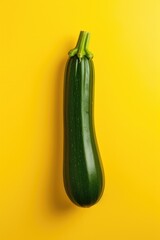 Green whole uncooked zucchini on yellow background.