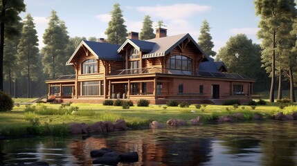 Fototapeta na wymiar 3d rendering of a beautiful wooden house in the forest with trees