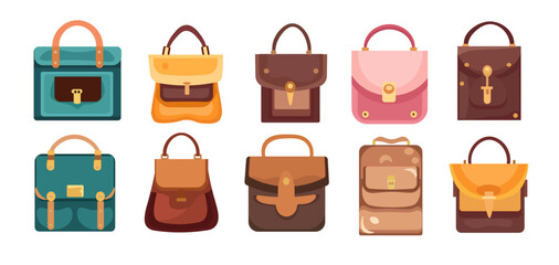 Fashion women bags collection, cartoon bag icon, flat illustration design