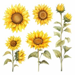 Obraz premium Set of watercolor illustrations of sunflowers. Watercolor floral Botanical Drawing