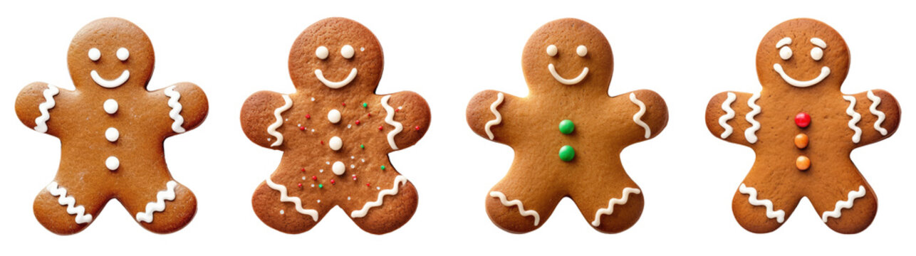 Set of traditional Christmas cookies - gingerbread men, isolated on transparent background