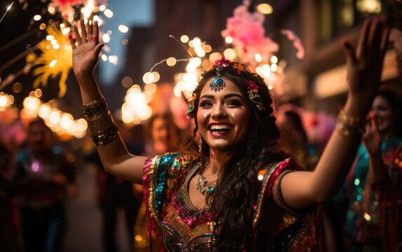 Expressing Joy: Indian woman in festive spirits during Diwali.