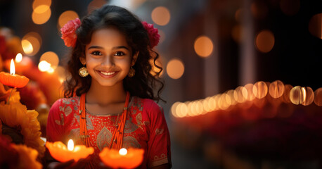 Sparkling Diwali Joy: Young girl lights up the festival with sparklers. - obrazy, fototapety, plakaty