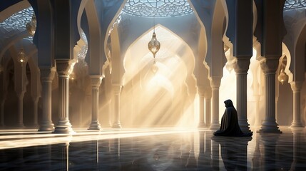 Muslim woman praying in the mosque. Ramadan Kareem background.