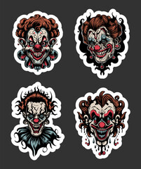 Clown tattoo horror. Sticker Bookmark. Fear head circus character. Vector drawing. Collection of design elements.