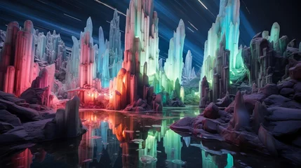 Fotobehang Vibrant crystal wonderland: reflective lake and alien flora in a starlit realm © Ameer