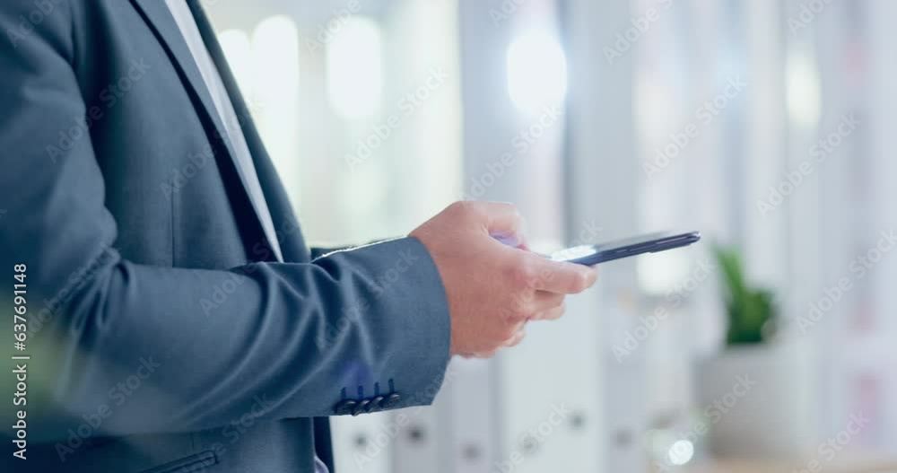 Poster Business person, hands and phone networking in a office with text reading for working. Company, professional and mobile contact with social media scroll and message on a website and app at workplace